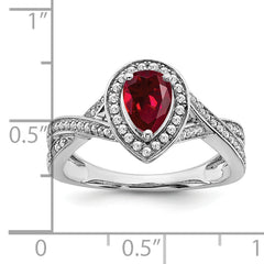 14k White Gold Pear Created Ruby and Diamond Halo Ring