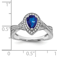 14k White Gold Pear Created Sapphire and Diamond Halo Ring