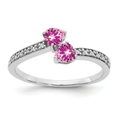 14k White Gold Created Pink Sapphire and Diamond 2-stone Heart Ring