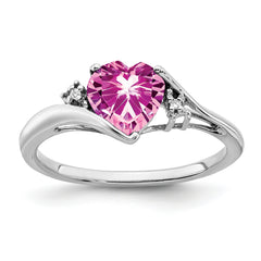 14k White Gold Created Pink Sapphire and Diamond Heart Ring