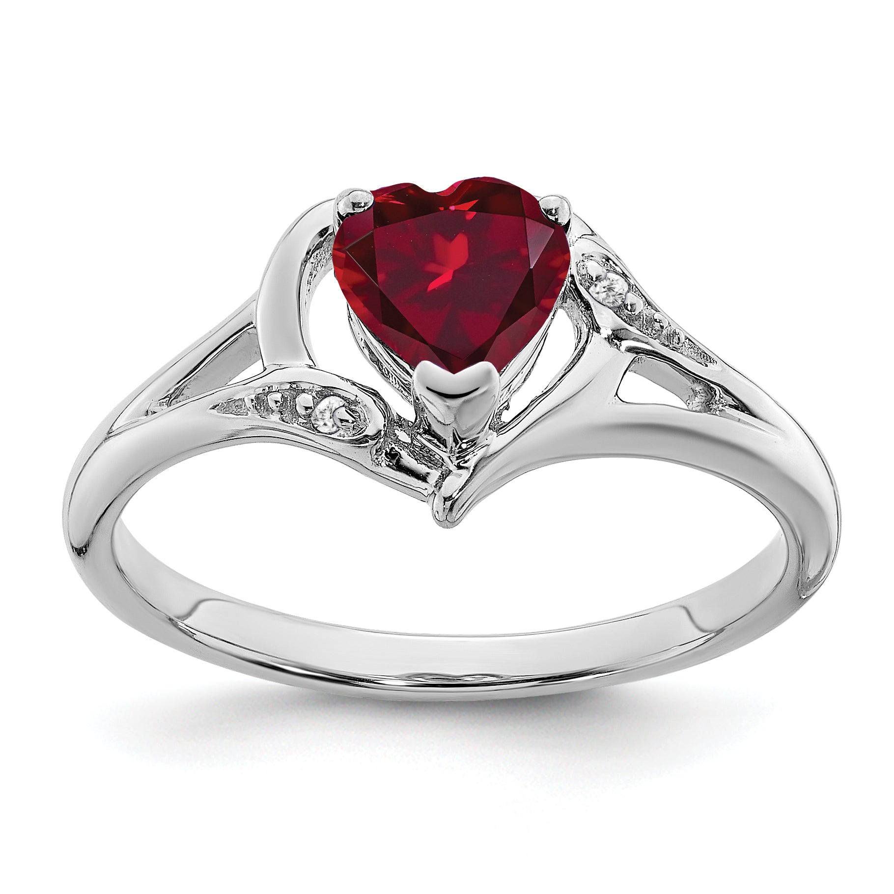 10k White Gold Created Ruby and Diamond Heart Ring