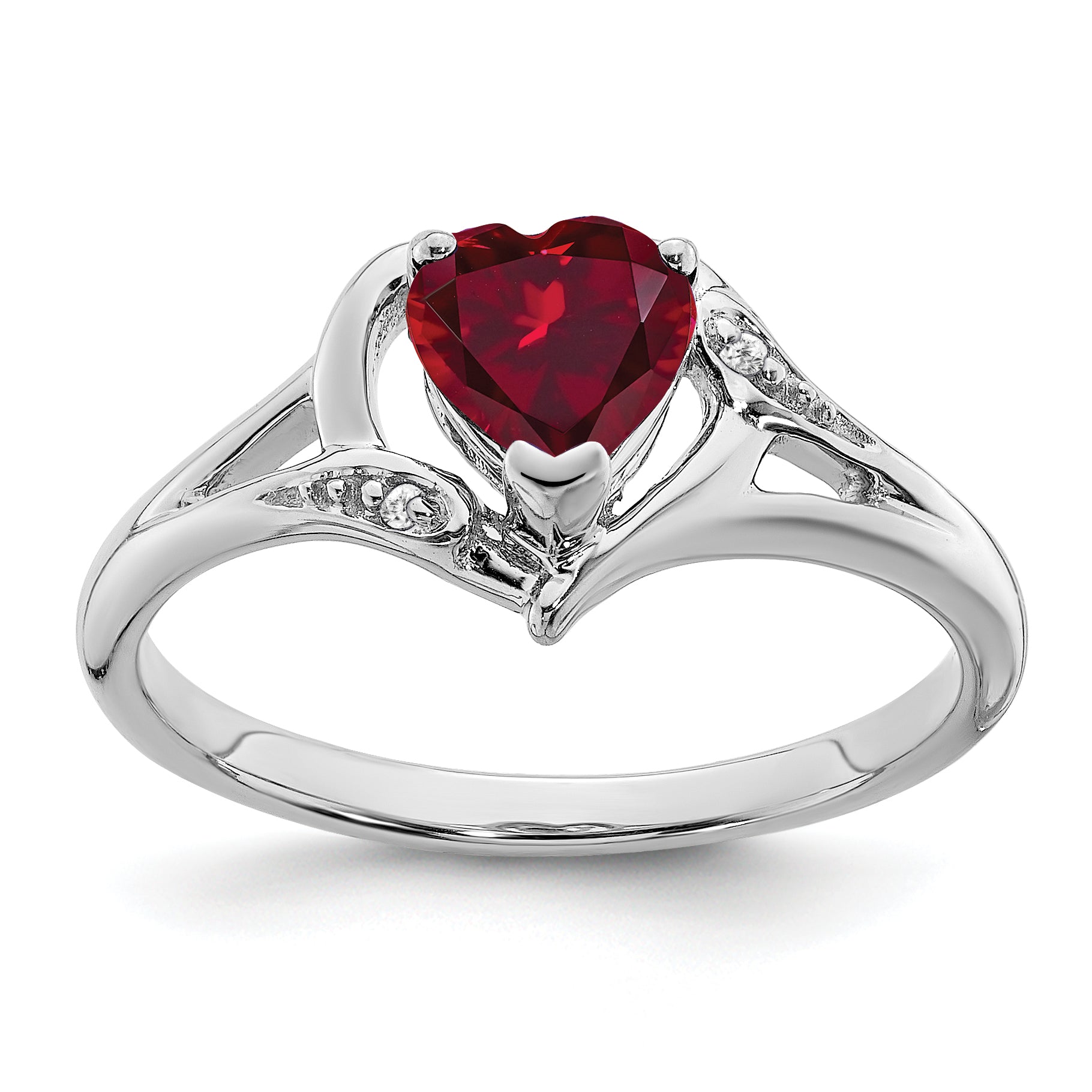 14k White Gold Created Ruby and Diamond Heart Ring