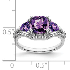 10k White Gold 3 Stone Amethyst and Diamond Ring