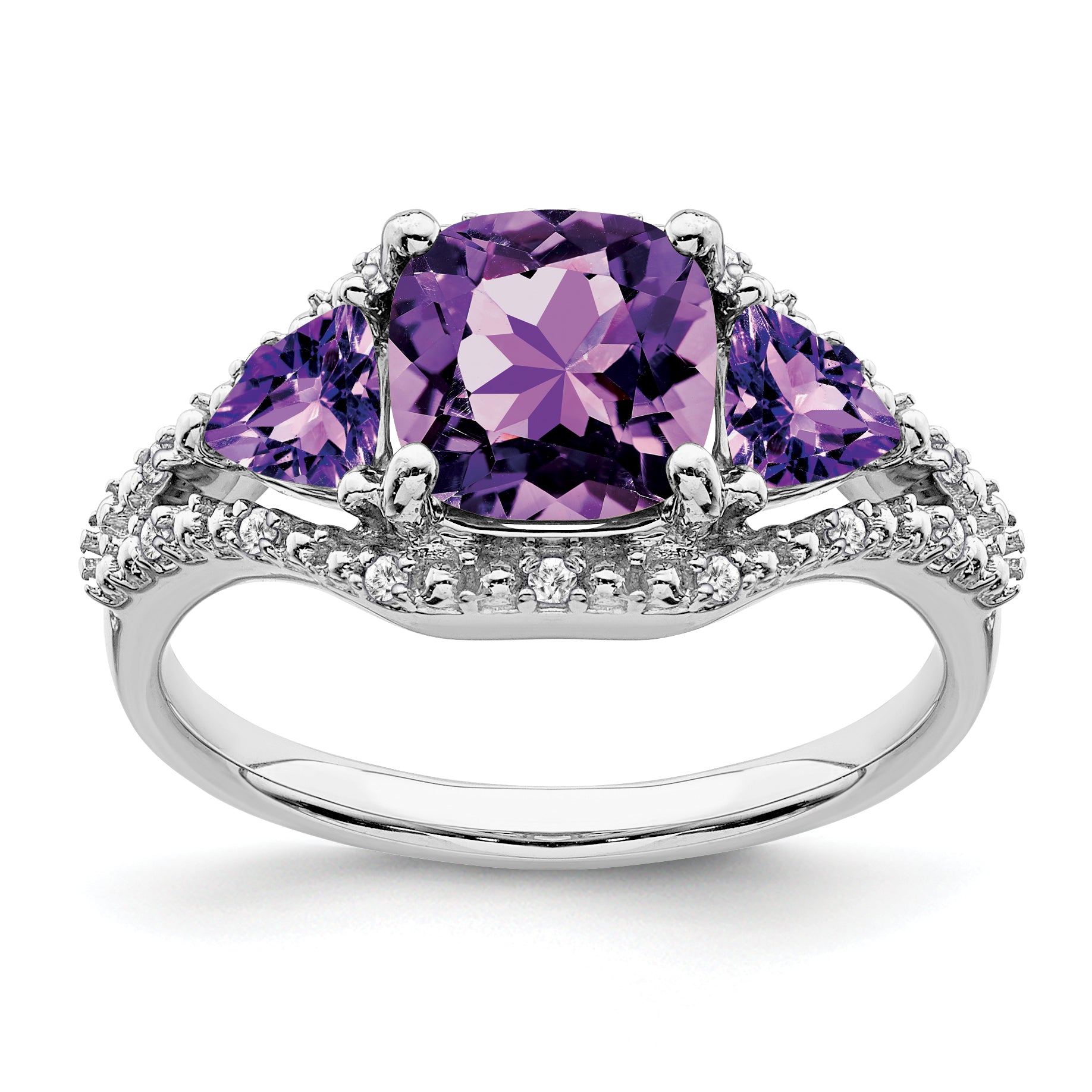 10k White Gold 3 Stone Amethyst and Diamond Ring