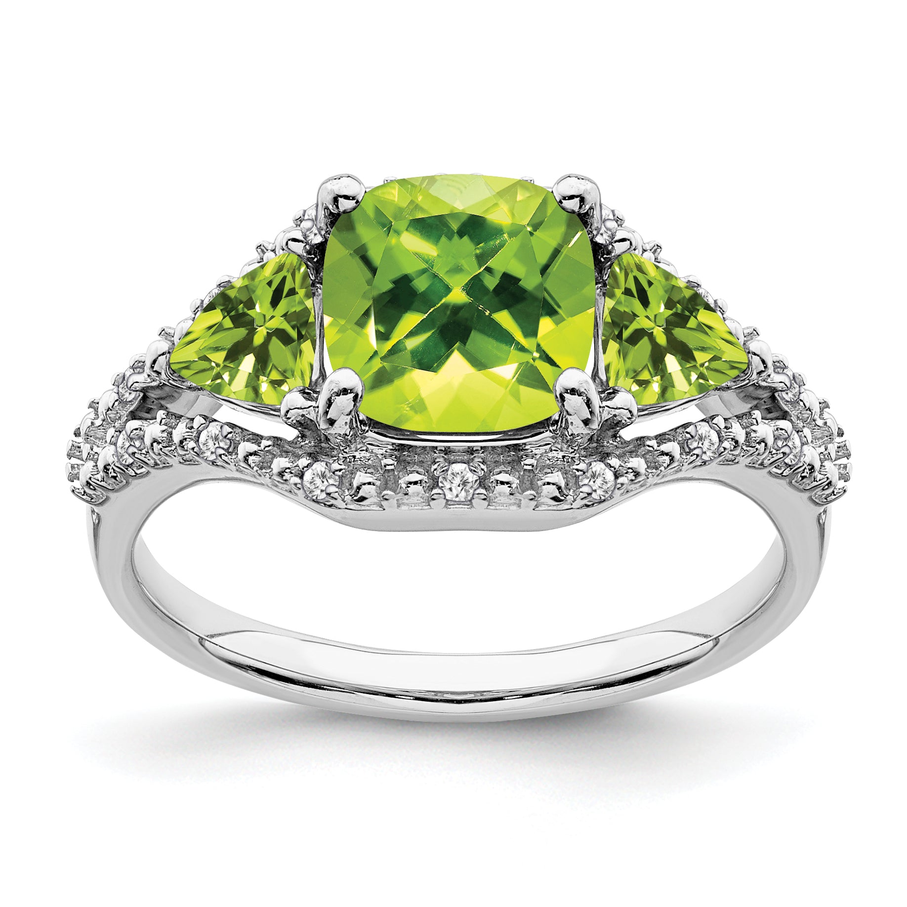 10k White Gold 3 Stone Peridot and Diamond Ring