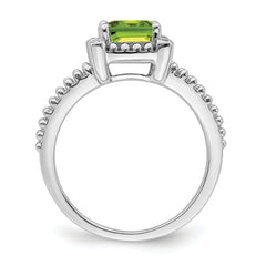 14k White Gold Cushion Peridot and Diamond Ring