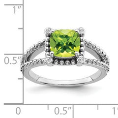 14k White Gold Cushion Peridot and Diamond Ring
