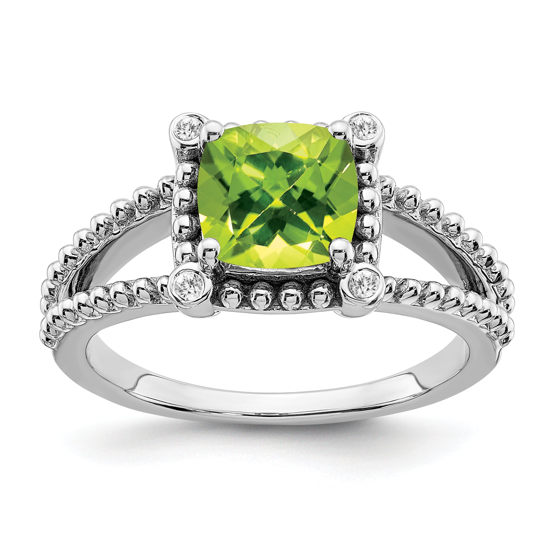 14k White Gold Cushion Peridot and Diamond Ring