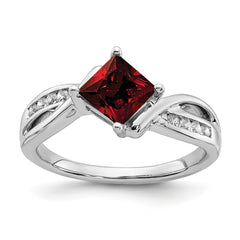 14k White Gold Square Garnet and Diamond Ring