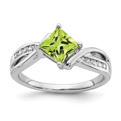 14k White Gold Square Peridot and Diamond Ring