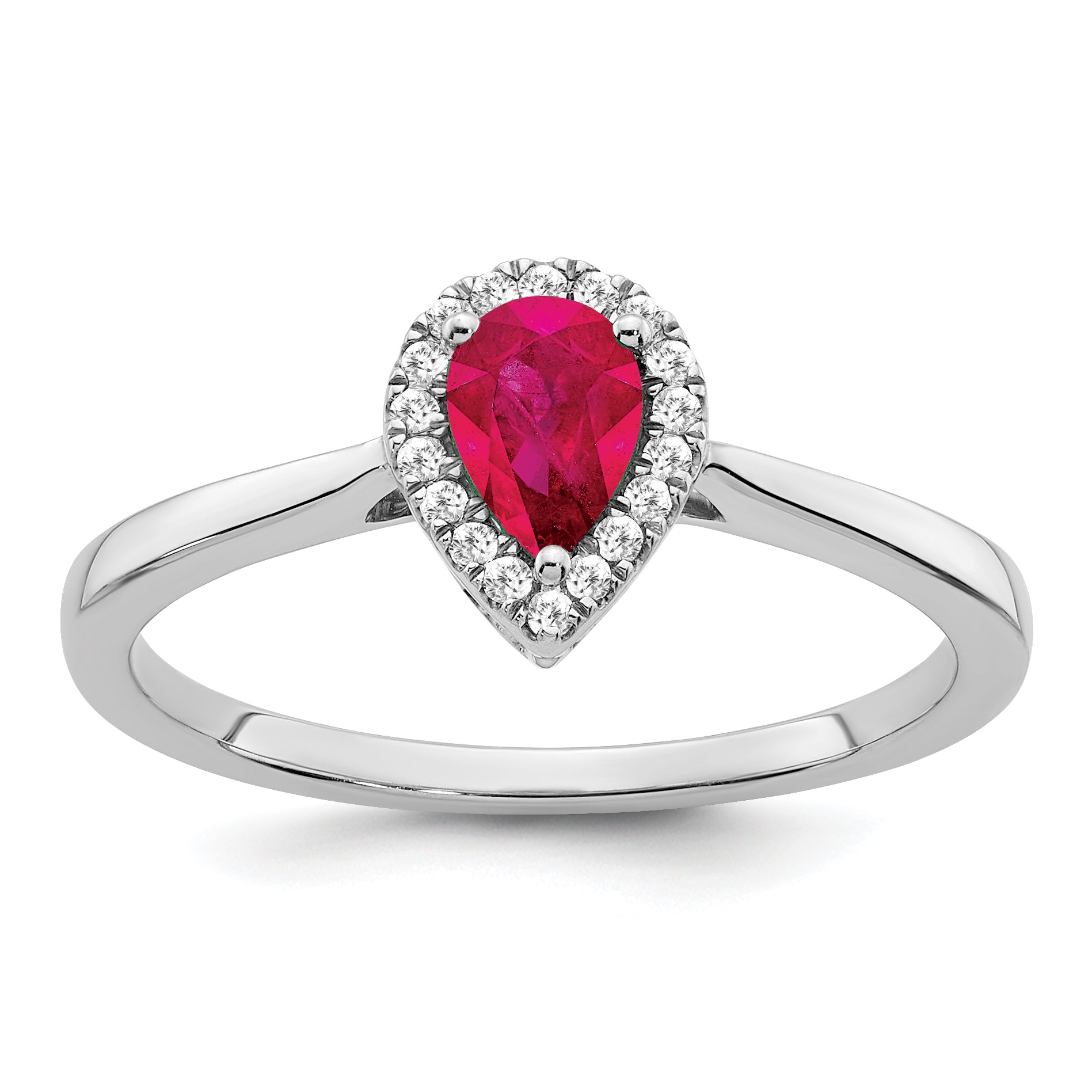 14k White Gold Pear Ruby and Diamond Halo Ring