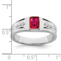 14k White Gold Created Ruby and Diamond Mens Ring