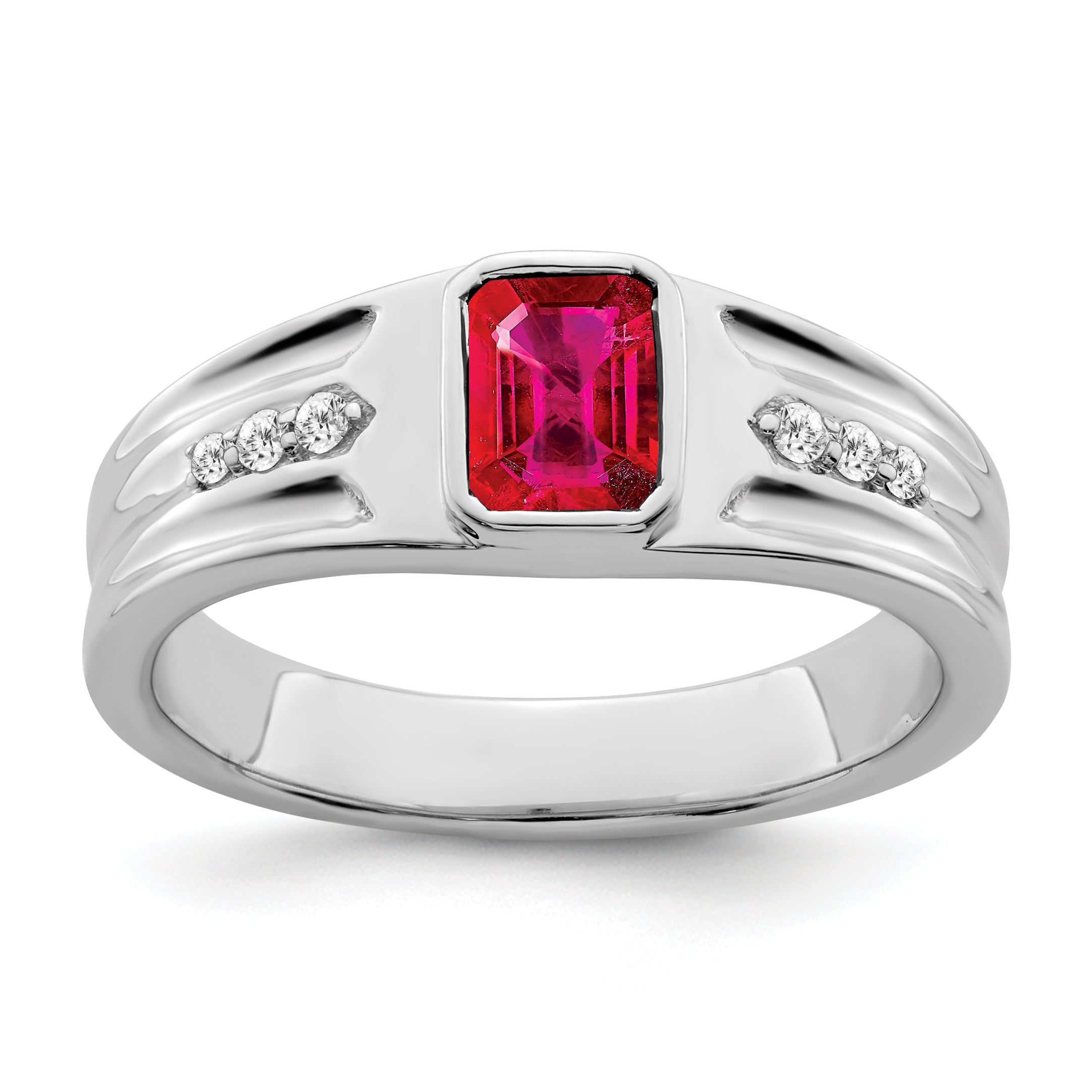 14k White Gold Created Ruby and Diamond Mens Ring