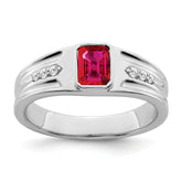14k White Gold Created Ruby and Diamond Mens Ring