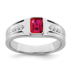 14k White Gold Created Ruby and Diamond Mens Ring