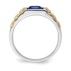 14k Two-tone Created Sapphire and Diamond Mens Ring