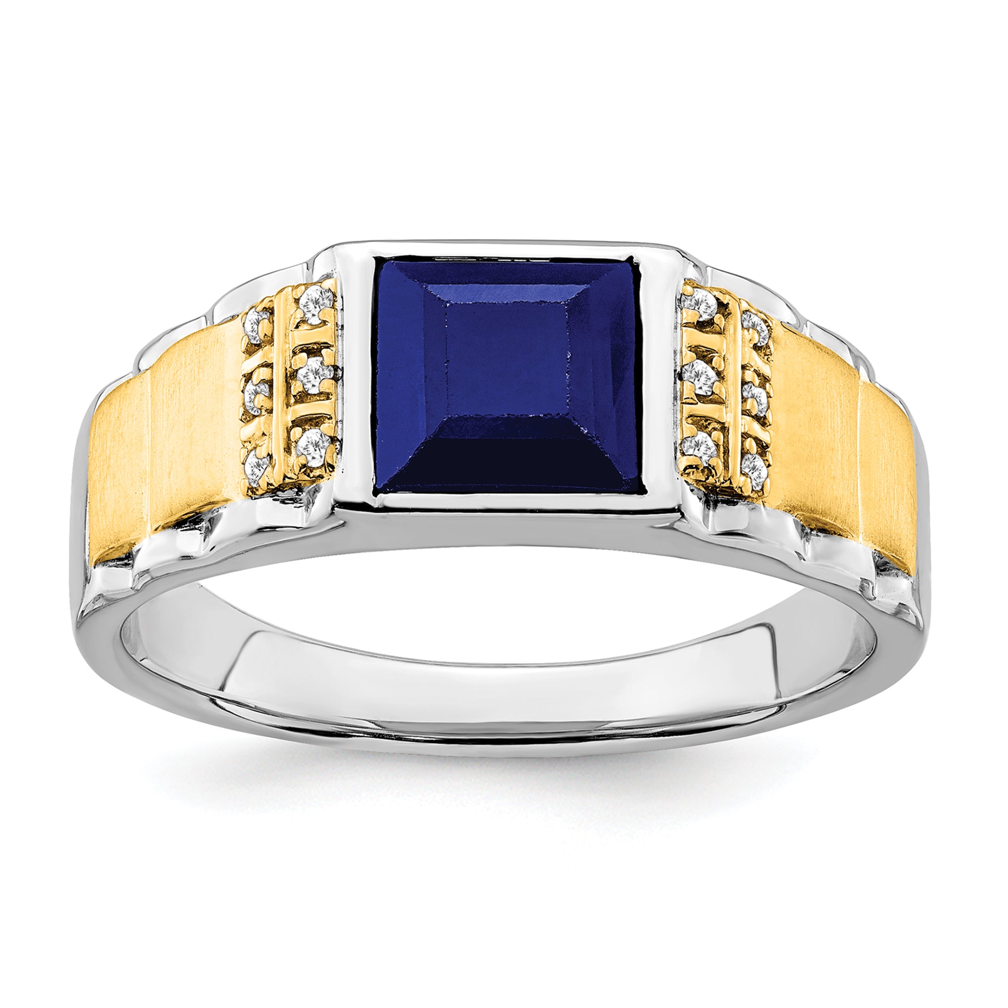 14k Two-tone Created Sapphire and Diamond Mens Ring