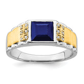 14k Two-tone Created Sapphire and Diamond Mens Ring