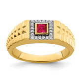 14k Square Ruby and Diamond Mens Ring