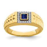 14k Square Sapphire and Diamond Mens Ring