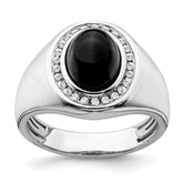 14k White Gold Oval Onyx and Diamond Mens Ring