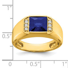 14k Square Created Sapphire and Diamond Mens Ring