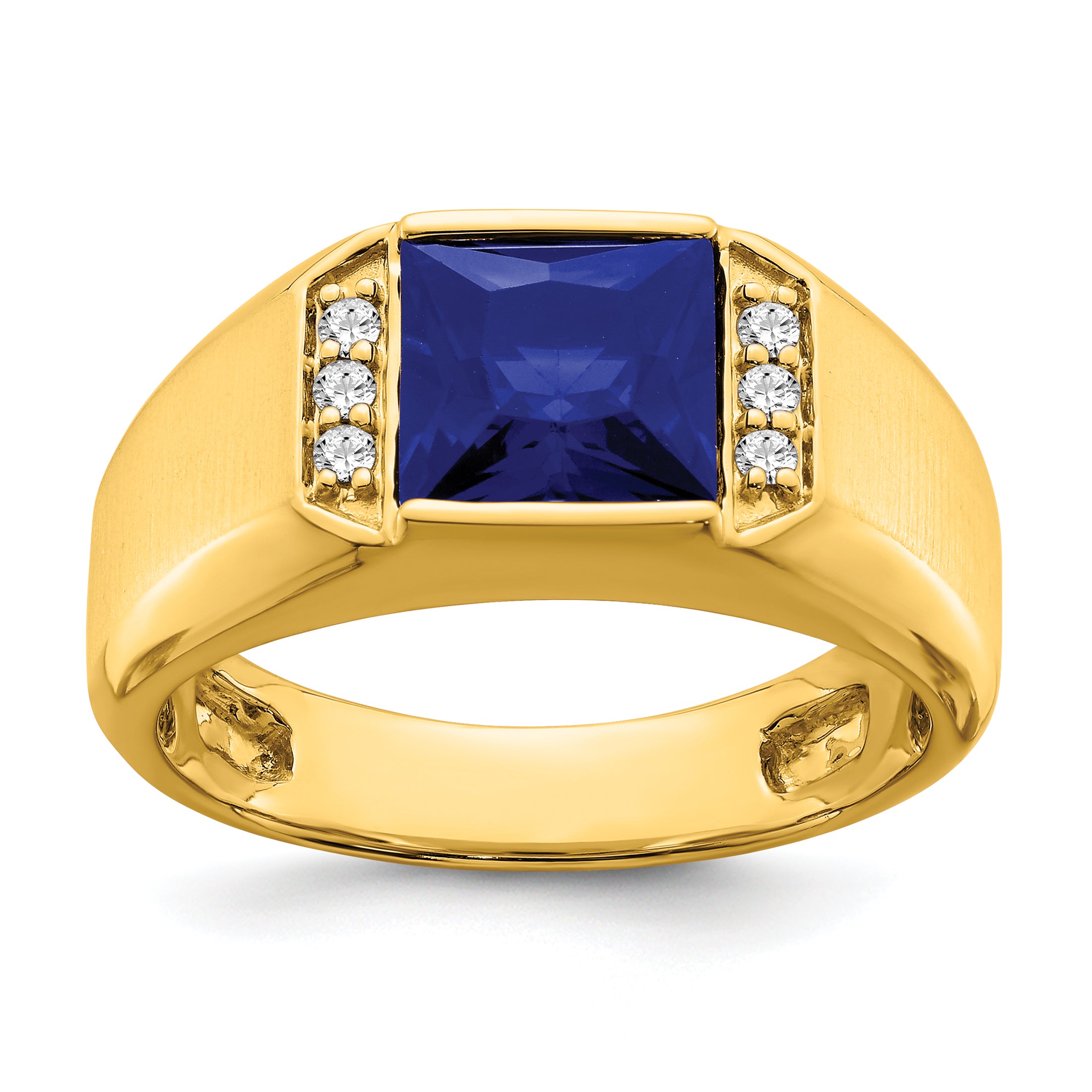 14k Square Created Sapphire and Diamond Mens Ring