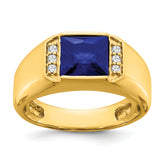 14k Square Created Sapphire and Diamond Mens Ring