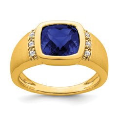14k Created Sapphire and Diamond Mens Ring