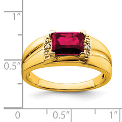 14k Emerald-cut Created Ruby and Diamond Mens Ring