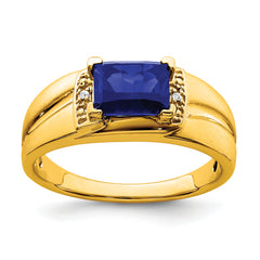 14k Emerald-cut Created Sapphire and Diamond Mens Ring