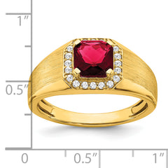 14k Cushion Created Ruby and Diamond Mens Ring