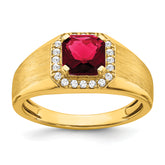 14k Cushion Created Ruby and Diamond Mens Ring