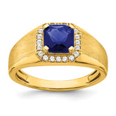 14k Cushion Created Sapphire and Diamond Mens Ring