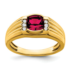 14k Cushion Created Ruby and Diamond Mens Ring