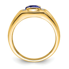 14k Cushion Created Sapphire and Diamond Mens Ring