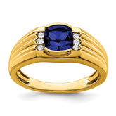 14k Cushion Created Sapphire and Diamond Mens Ring