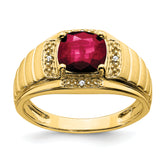 14k Cushion Created Ruby and Diamond Mens Ring