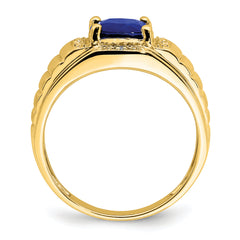 14k Cushion Created Sapphire and Diamond Mens Ring