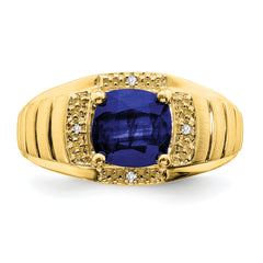 14k Cushion Created Sapphire and Diamond Mens Ring