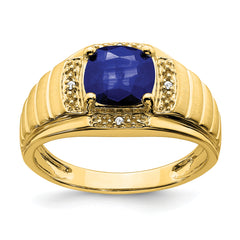 14k Cushion Created Sapphire and Diamond Mens Ring