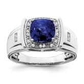 14k White Gold Cushion Created Sapphire and Diamond Mens Ring