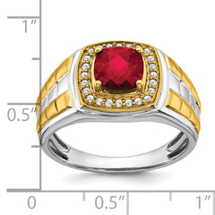 14k Two-tone Created Ruby and Diamond Mens Ring