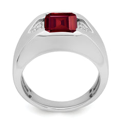 14k White Gold Emerald-cut Created Ruby and Diamond Mens Ring