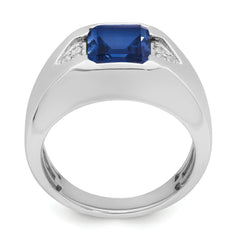 14k White Gold Emerald-cut Created Sapphire and Diamond Mens Ring