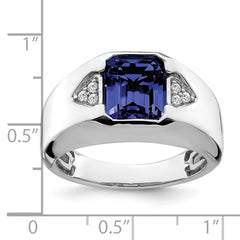 14k White Gold Emerald-cut Created Sapphire and Diamond Mens Ring