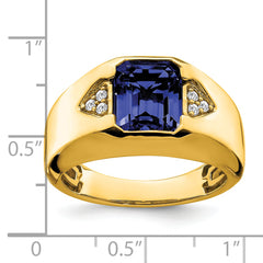 14k Emerald-cut Created Sapphire and Diamond Mens Ring