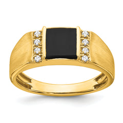 14k Square Onyx and Diamond Mens Ring