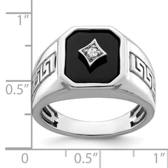 14k White Gold Onyx and Diamond Greek Key Design Mens Ring