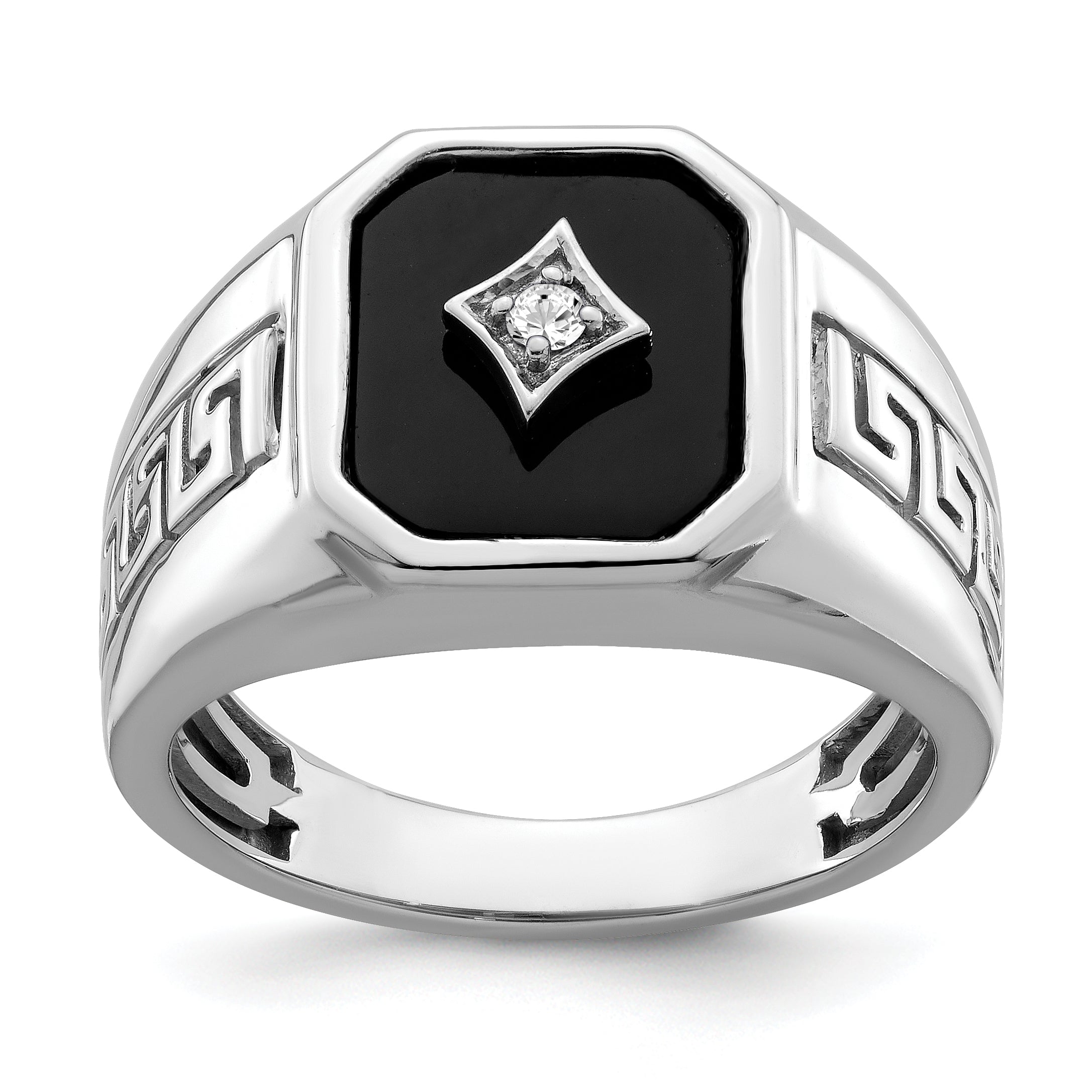 14k White Gold Onyx and Diamond Greek Key Design Mens Ring